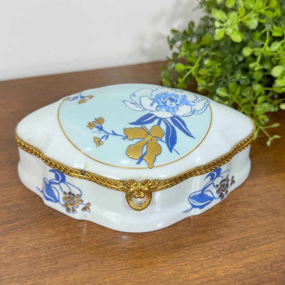 Vintage Limoges France Porcelain Trinket Box Blue Gold Floral Hummelwerk